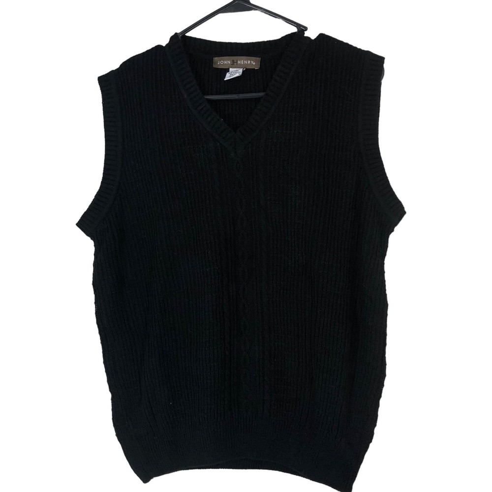 John Henry Wool Blend Sweater Vest, Golf Vest, Cable Knit Pattern SZ M Black